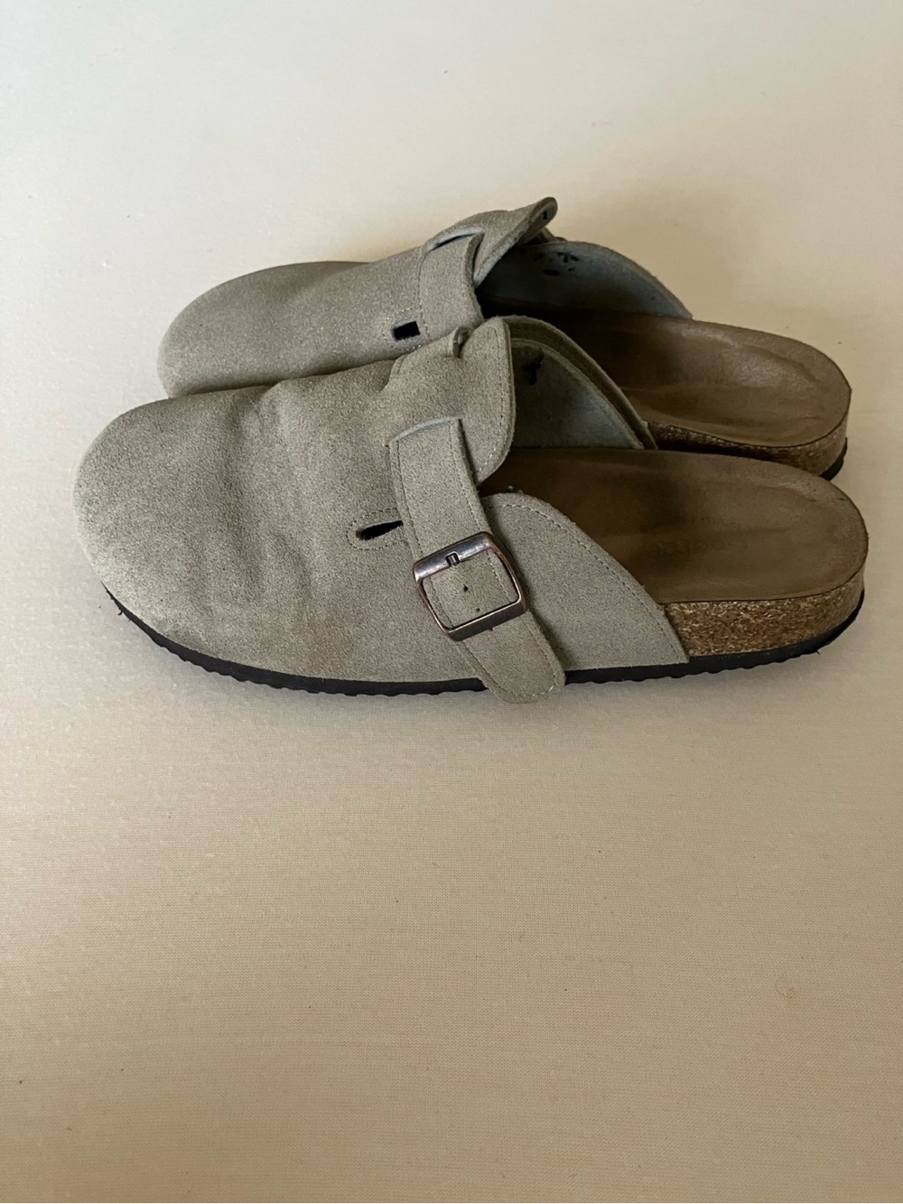 Men's Taupe Suede Clogs Slip On Shoes Cork Footbed Buckle Mules M9/W10.5